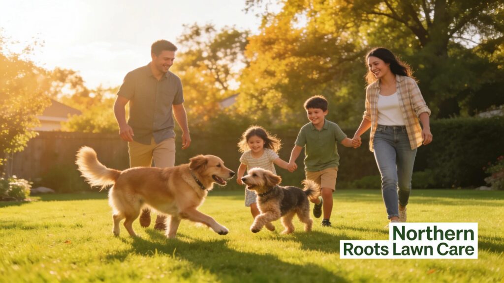 Happy family enjoying their well-maintained lawn, showcasing customer satisfaction with lawn care services